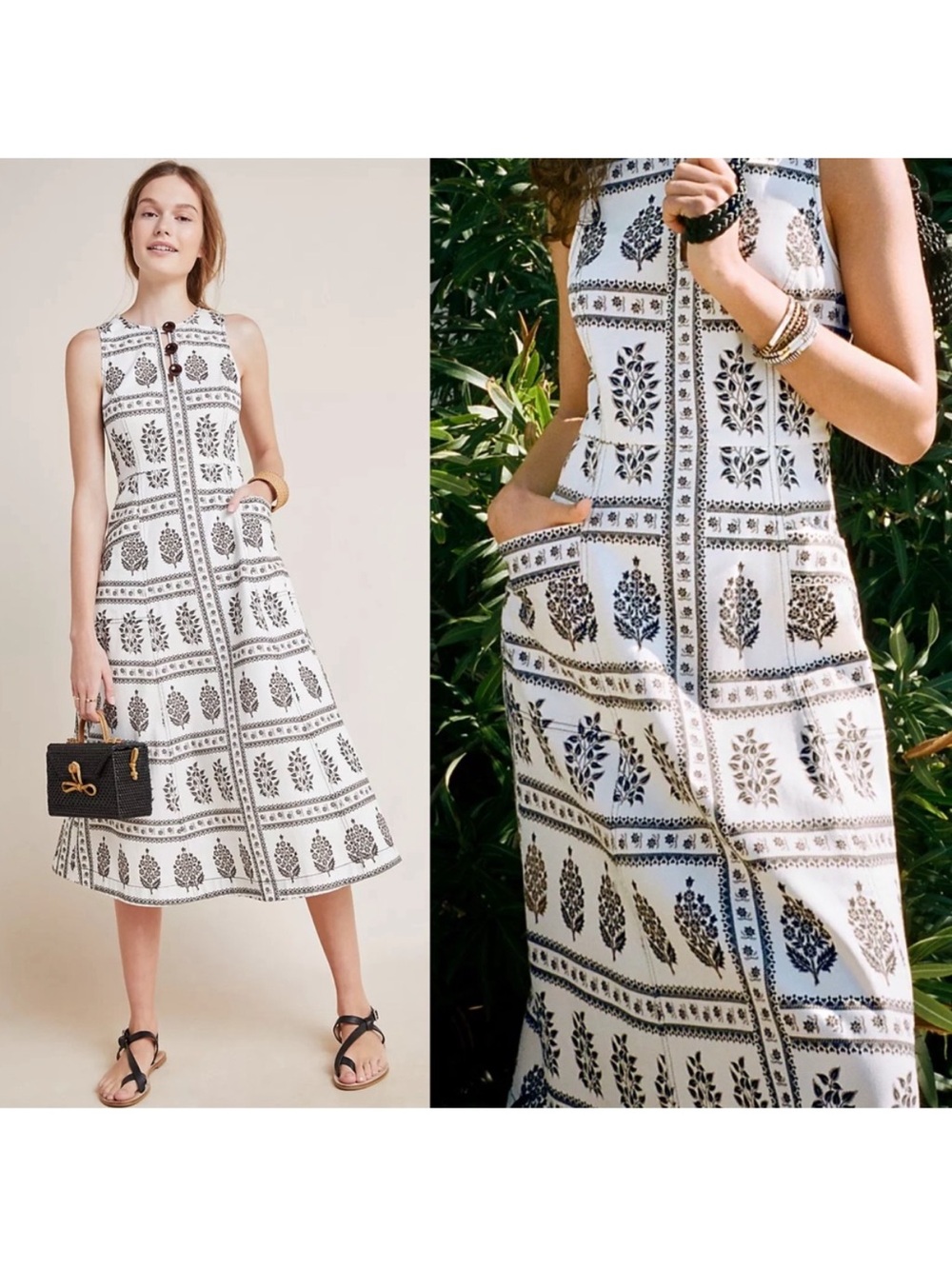 Anthropologie White Midi Dress with Black Block Print